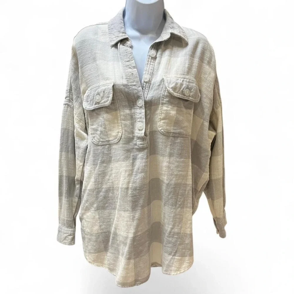 American Eagle Oversized Plaid Cotton Quarter Button Flannel Shirt Small